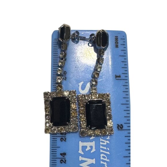 Vintage Art Deco-Style Black & Clear Rhinestone Dangle Earrings - Picture 3 of 6
